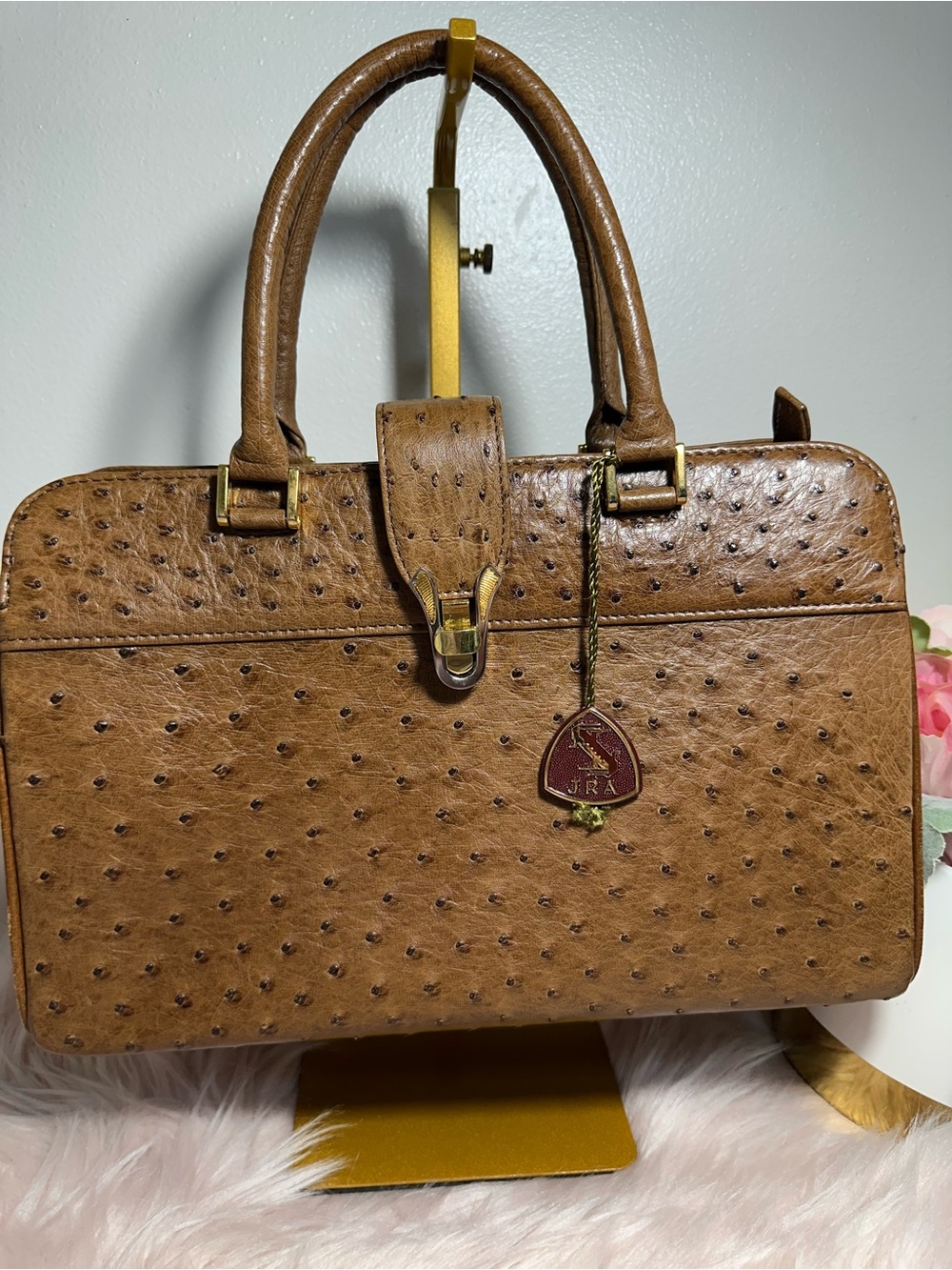 Brown Ostrich-Texture Satchel with Top Handles